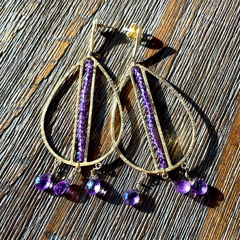 Gold and purple drop earrings